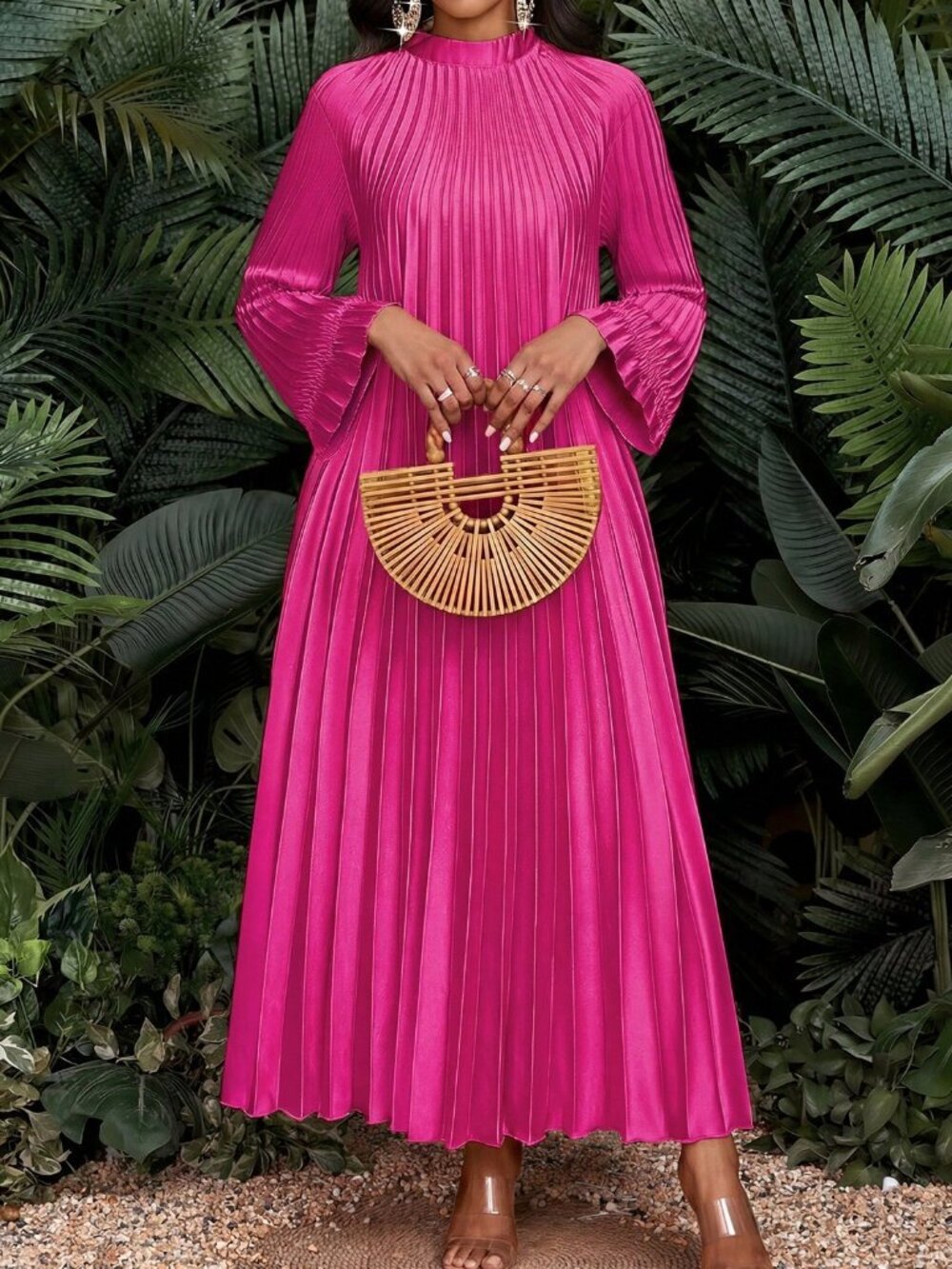 Hot Pink Casual Women's Plus Size Long Sleeve Pleated Maxi Dress - Picture 5 of 6